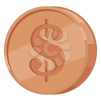 Copper coin with dollar sign icon. Coin from precious metal flat vector illustration isolated on white background. Brown shiny penny illustration