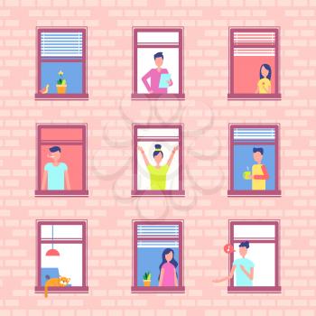 People in window frames inside brick wall. Neighbors that live in apartment building do their morning routine near windowsill vector illustration.