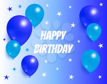 Happy birthday background with glossy balloons with stars, flying air balloon greeting card design congratulations on color backdrops and helium objects