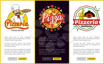 Pizzeria collection of web pages with logotypes, pizzeria and pizza signs, sites with editable text sample and buttons isolated on vector illustration