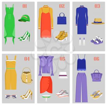 Clothes collection images set, fashion of women, clothing models, dresses and bags with shoes, pants and blouses, isolated on vector illustration