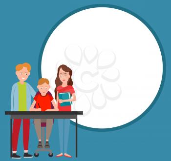 Parents help boy to do homework vector isolated on background of round frame for text. Father and mother stand near table and check written task of child
