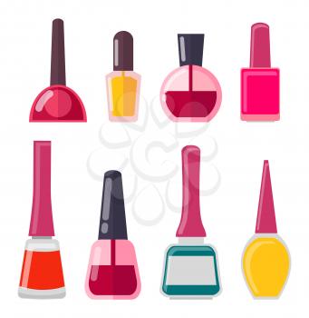 Set of different nail polish bottle vector illustration of red yellow, deep blue and pink liquids in various shape vials isolated on white background