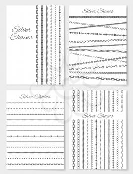 Set of silver chains layouts vector illustration with bright background, collection of cute silver products, beauty jewelry ornament, text sample