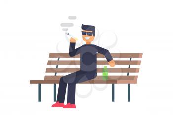 Cheerful smoking man colorful vector illustration, bad habit, banner isolated on white backdrop man sitting on bench with bottle and smoking cigarette