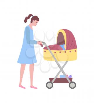 Mother and kid vector, isolated woman walking with perambulator and child sleeping in pram flat style. Childhood and motherhood childcare family person. Flat cartoon