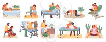 Position of pregnant woman, reproduction set, man obstetrics. Female with belly giving birth on floor, chair and ball, bath. Husband helps childbirth. Childbirth labor positions and postures at home