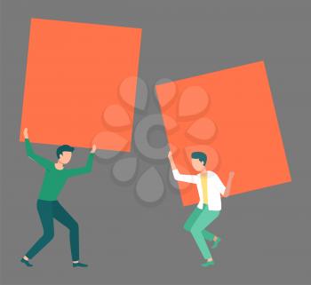 Two men holding orange blank posters. Bright placard, colorful broadsheet, empty banner. Young male character lifting heavy rectangular load vector. Flat cartoon