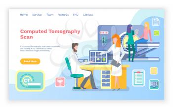 CT Computed tomography vector, clinic with new devices for diagnostics of sickness and diseases. hospital with doctor and nurse scanning patient. Website or webpage template, landing page flat style