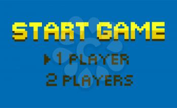 Start game vector, choice between one or two players mode, flat style option for gamers, retro pixel art gamification. Color fonts question interface. Pixelated video-game