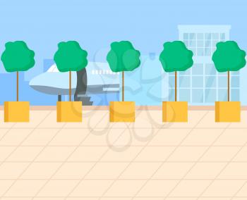 Exterior of airport. Modern glass building of airport with aerodrome and surrounding area. Runway with plane . Air travelling concept vector illustration. Flat cartoon