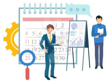 Deadline and time management vector, business organization of work. Calendar with dates, magnifying glass and whiteboard with charts and data visual. Flat cartoon