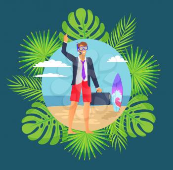 Distant work, man wearing suit vector. Freelancer in diving mask, surfing board, leaves of monstera and palm tree. Person holding briefcase on beach