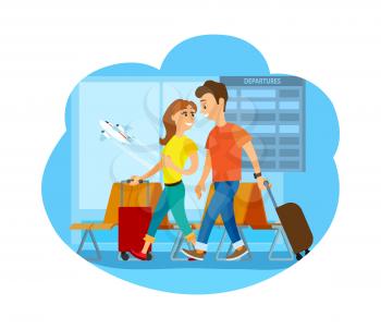 Departure, city airport, travelers couple with suitcases vector. Leaving airplane, man and woman with baggage in waiting room, travelling and journey