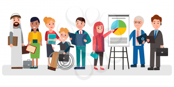 People of different nationalities, young and old, with disabilities, male and female involved in business project isolated vector illustration.