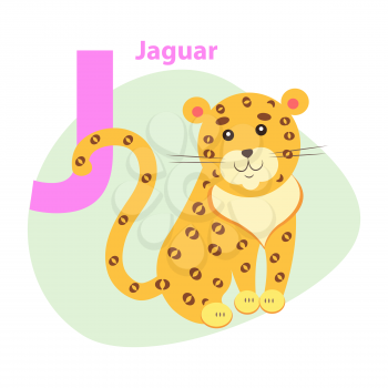 Children ABC with cute animal cartoon vector. English letter J with funny Jaguar flat illustration isolated on white background. Zoo alphabet with wild cat for preschool education, kids books