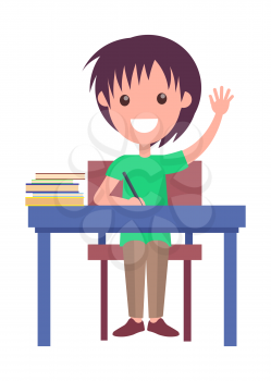 Back to school vector illustration with schoolboy sitting at the table with pile of textbook, raising hand to answer, happy child at lesson isolated on white