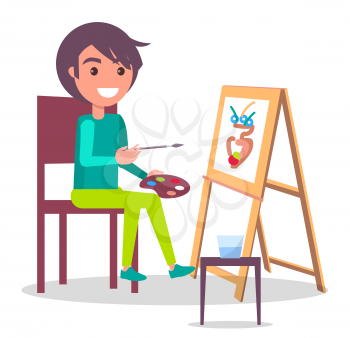 Creativity poster with boy drawing picture of vase using paint brushes on wooden easel vector illustrationin isolated on white background