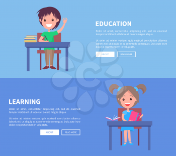 Education and Learning set of two vector images depicting kids both sitting at desks, smiling and studying with books and with places for text.