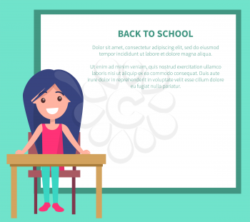 Back to school poster with smiling youngster sitting at empty table, vector illustration with schoolgirl at desk on background with place for text