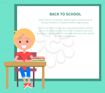Back to school vector illustration with schoolboy sitting at the table with pile of textbook, writing in copybook with pen, happy child at lesson