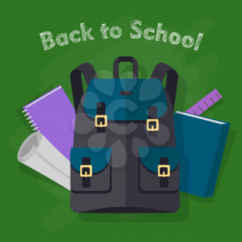 Back to school. Contemporary blue-green backpack with two pockets and school objects behind. Violet notebook, dark blue book, ruler, list of paper on green background. Flat design. Vector illustration