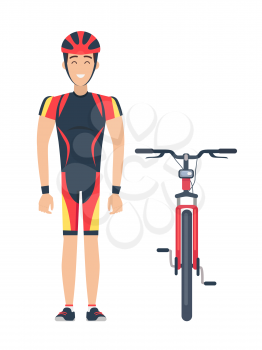 Vector illustration of red bicycle and smiling sportsman dressed in cycling clothing including helm and wristbands isolated icons on white.