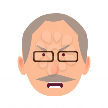 Irritated facial expression of man in flat style on white. Wicked and discontented look of ederly human in black-rimmed glasses opened mouth. Vector illustration of character and face emotions