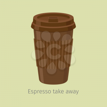 Take away espresso in perforated paper cup with plastic lid flat vector. Invigorating drink with caffeine. Modern disposable container for hot drinks carrying illustration for coffee house, cafe menu