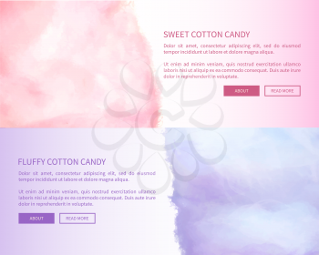 Sweet fluffy cotton candy advertisement banner for web page design vector illustration. Favourite dessert for children in flat style