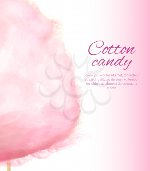 Closeup realistic pink cotton sweet candy on stick vector colorful illustration isolated on white with place for text. Banner with fairy candies floss
