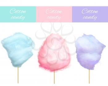 Cherry bilberry and blueberry cotton candies vector illustrations isolated on white. Sweet tasty desserts for children in graphic design
