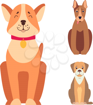 Set of cute happy doggies sitting with smiling muzzle and hanging out tongue flat vector isolated on white. Lovely purebred pets illustration for animal friend concept, vet or shop ad