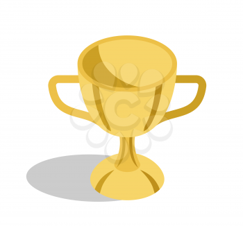 Gold shiny trophy cup with two handles for great educational achievements isolated cartoon vector illustration on white background.