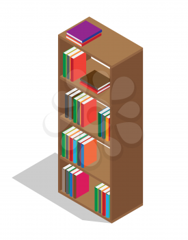 Tall wooden bookcase full of educational textbooks in colorful hardcovers isolated cartoon vector illustration on white background.