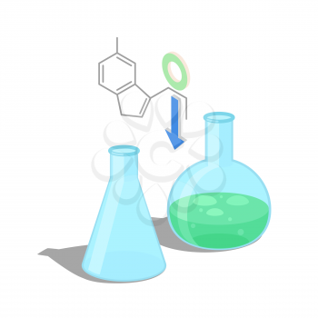 Empty flask and with green chemical substance inside isolated vector illustration on white background. Formula of organic compound above equipment.