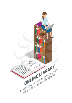 Online library promotional poster with open geometry book, full wooden bookcase and girl that sits on top with laptop vector illustration.