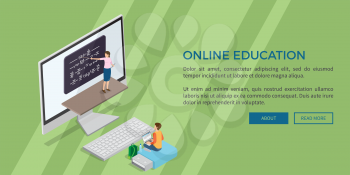 Online education template vector web banner in flat design of teacher near blackboard, computer screen and boy with laptop on flash drive