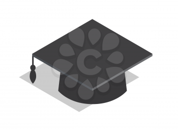Black square academic hat with tassel as part of graduation outfit and symbol of knowledge isolated vector illustration on white background.