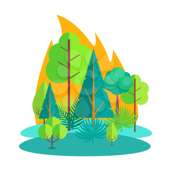 Fire in countryside or rural area that engulfed various kinds of combustible trees, bushes and grass isolated vector illustration on white background