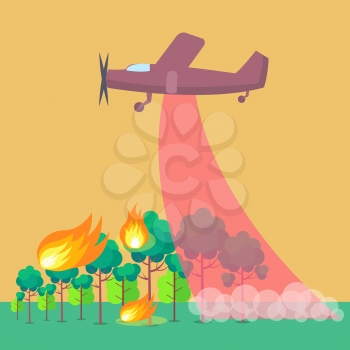 Poster depicting forest fire, vector illustration of purple plane trying to put out burning trees and grass against light brown background