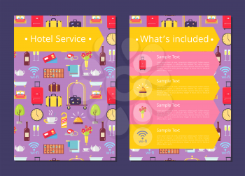 Hotel services info list with full baggage, gold bell, flowers in vase, wifi icon, hot drinks, room keys, comforatble furniture vector illustrations.