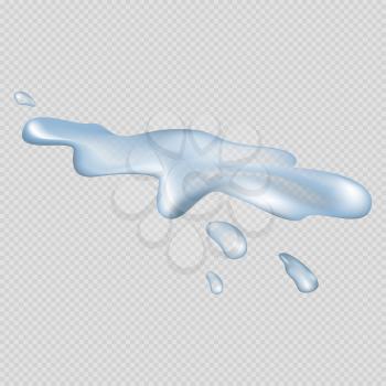Realistic 3D spilled clear and pure water with small drops beside isolated vector illustration on transparent background.