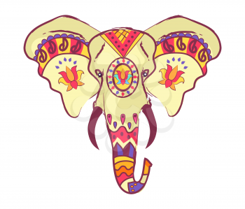 Indian elephant head with bright ethnic ornaments with floral motifs and sharp tusks isolated vector illustration on white background.