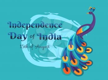 India happy Independence Day colorful celebrative vector card with peacock animal and inscription on abstract blue background