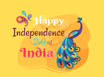 India happy Independence Day colorful celebrative vector card in flat design of peacock animal and inscription on yellow background