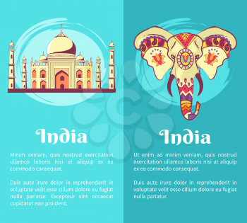 India set of posters dedicated to Independence Day. Vector illustration of cartoon Taj Mahal and head of elephant painted in various patterns