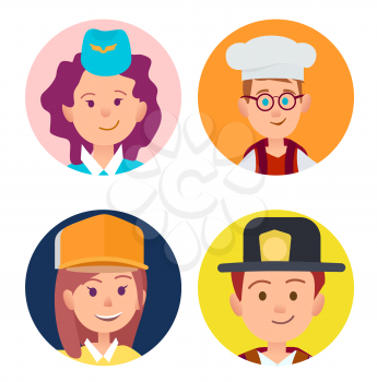 Vector illustration of stewardess in blue forage-cap, chief food in white toque, builder in yellow helmet and fireman in black hat.