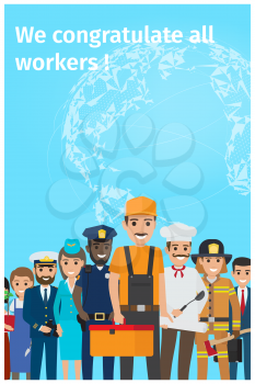 Greeting postcard with silhouette of planet vector illustration. Set of representatives of world most famous professions