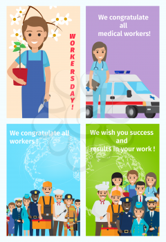 Four color congratulatory cards for all workers. Vector illustration of service occupations in cartoon style flat design.